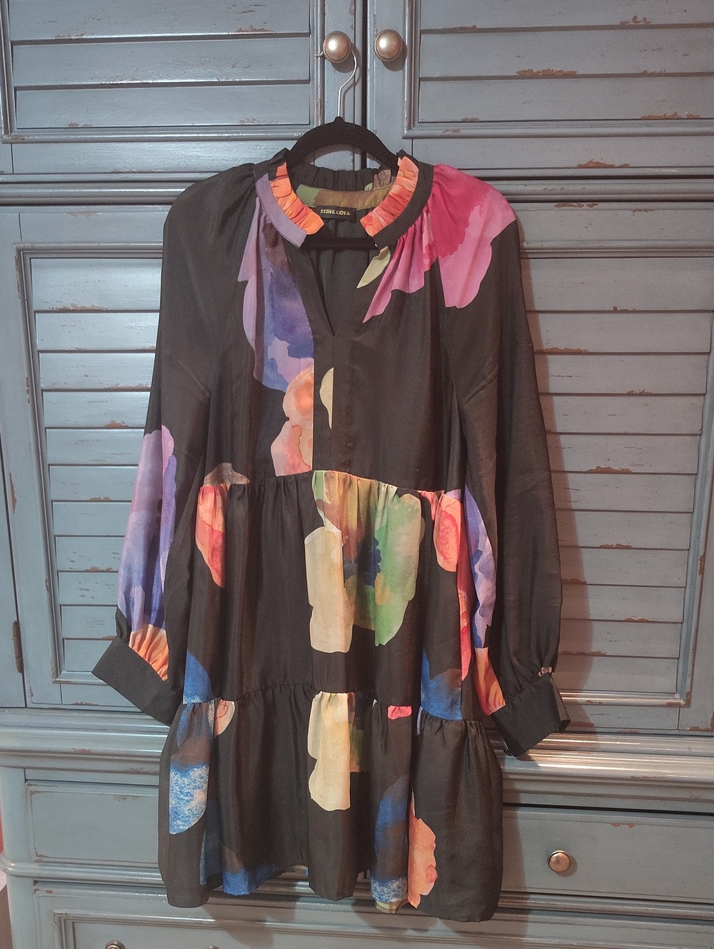 STINE GOYA Black Floral Watercolor Tiered Long-Sleeve Dress